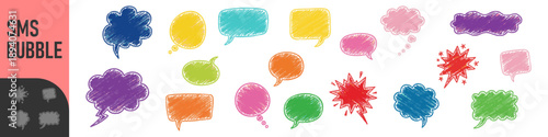 Set of colorful hand-drawn sketchy speech bubbles and thought clouds in a playful comic style on a white background.