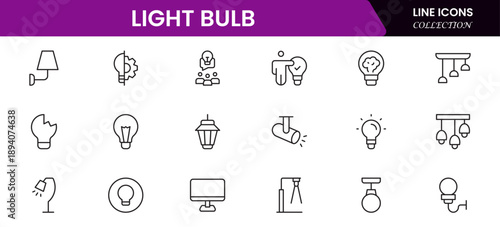 Light bulb idea line icons. Vector electric energy lamps and lightbulbs isolated outline symbols for creative solution, idea, innovation and inspiration concept.