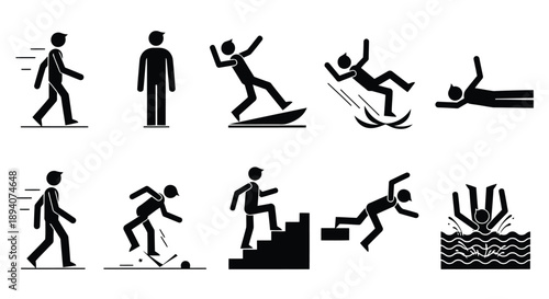 Collection of dynamic human activity silhouettes showcasing sports, movement, and accidents in minimalist black design