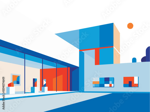Contemporary Geometric Architectural Building with Large Glass Windows Flat Design