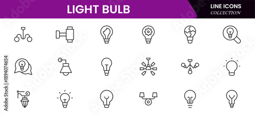 Light bulb idea line icons. Vector electric energy lamps and lightbulbs isolated outline symbols for creative solution, idea, innovation and inspiration concept.