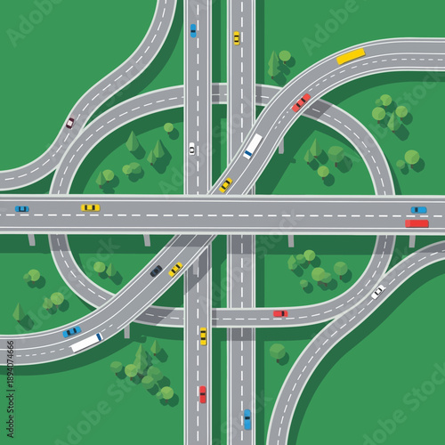 Aerial View of Complex Highway Interchange with Cars and Trucks