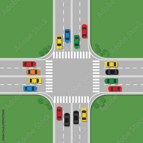 Busy Crossroads Intersection with Traffic and Pedestrian Crosswalks - Top View