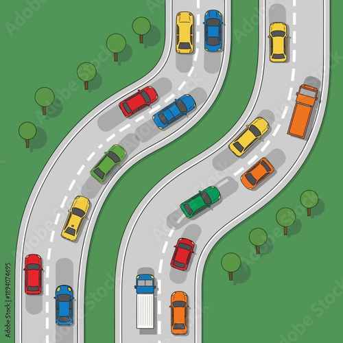 Aerial view of traffic jam on winding road with colorful cars and trucks.