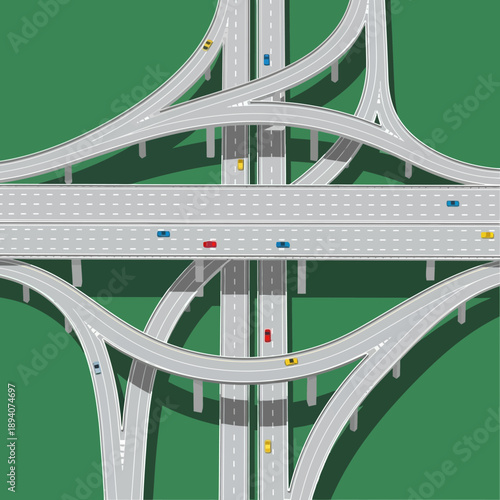 Complex Highway Interchange with Cars, Aerial View, Transportation Network