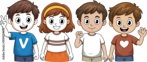 Happy Kids Cartoon Vector Set  Smiling Children with Hand Gestures