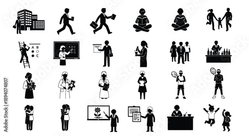 Diverse set of flat design icons illustrating professions, education, healthcare, family, and daily activities in monochrome style