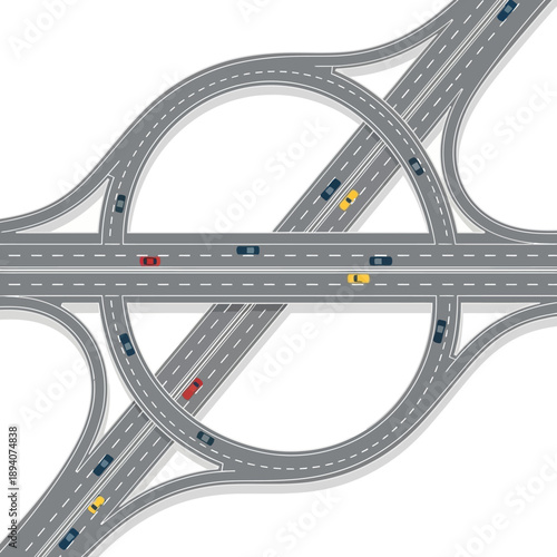 Aerial View of Highway Interchange with Cars and Traffic Flow