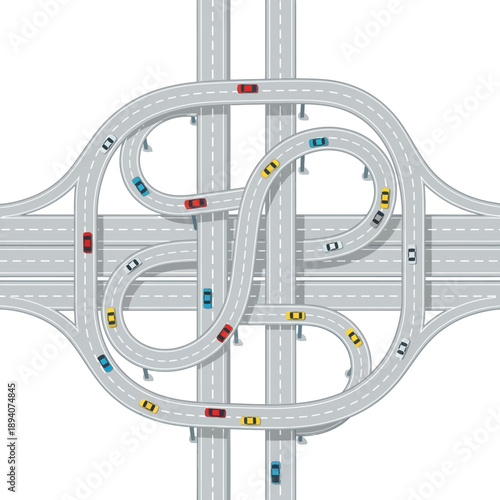 Complex highway interchange with cars, aerial view, abstract road network, transportation concept