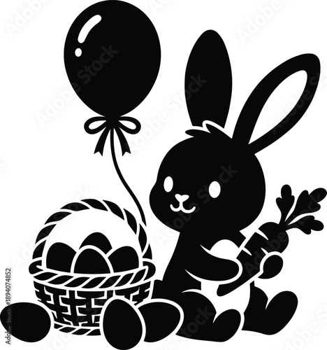 Easter sunday celebration with bunny holding balloon and easter eggs in basket