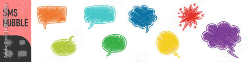 Set of colorful hand-drawn sketchy speech bubbles and thought clouds in a playful comic style on a white background.