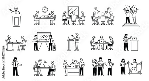 Diverse team collaboration and professional business activities illustrated with office meetings, presentations, and training sessions