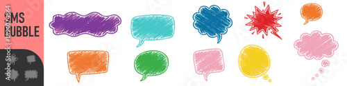 Set of colorful hand-drawn sketchy speech bubbles and thought clouds in a playful comic style on a white background.