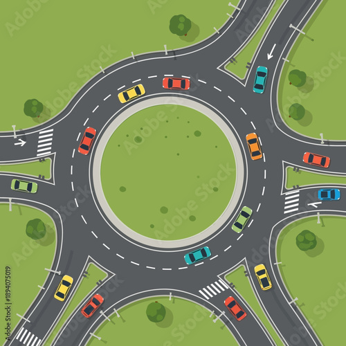 Aerial View of Cars on a Roundabout Intersection with Greenery