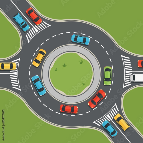 Aerial View of Busy Traffic Circle with Cars