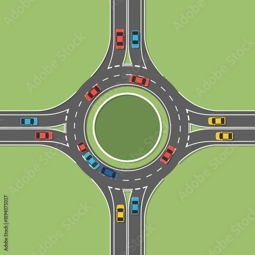 Aerial View of Busy Traffic Roundabout with Cars Driving