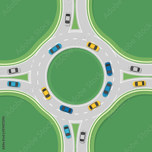 Top view of a traffic roundabout with cars driving, urban traffic flow concept