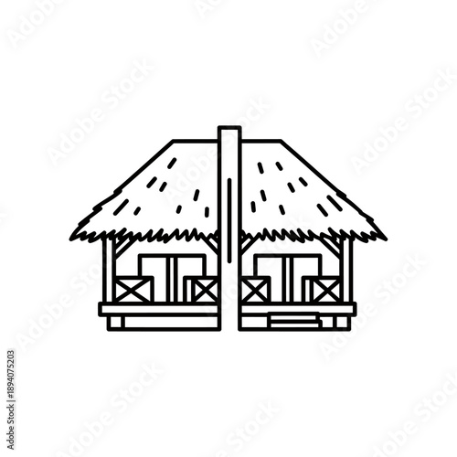 Minimalist Line Art Illustration of a Tropical Hut with Thatched Roof.