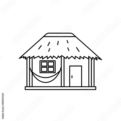 Simple Line Art Illustration of a Tropical Hut with Thatched Roof and Hammock.