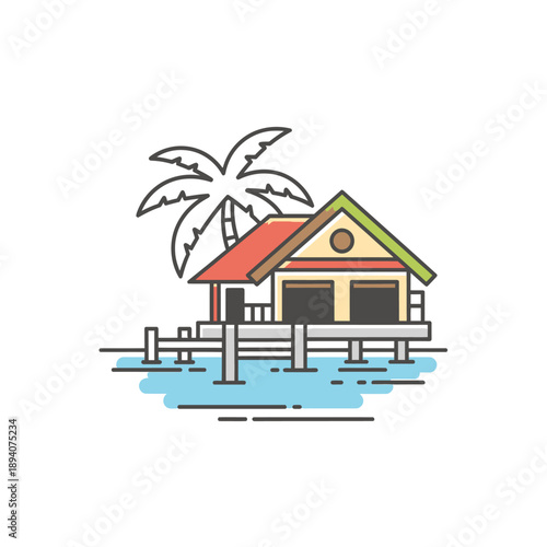 Tropical Beach Bungalow on Stilts with Palm Tree Illustration.