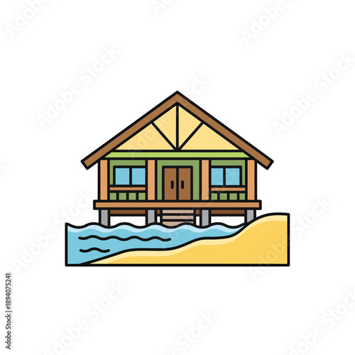 Tropical Beach Bungalow on Stilts Over the Water.