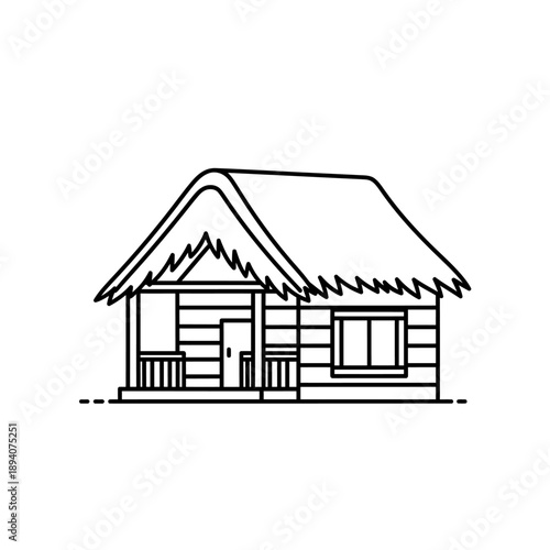 Simple line art drawing of a rustic hut with a thatched roof and a small porch.