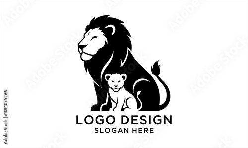 Majestic adult lion and adorable cub sitting together, symbolizing family bond.