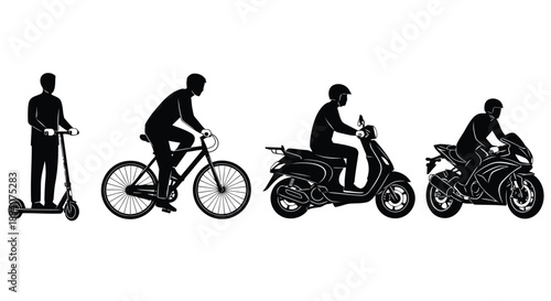Silhouettes of urban commuters riding electric scooter, bicycle, motor and motorcycle in minimalist style