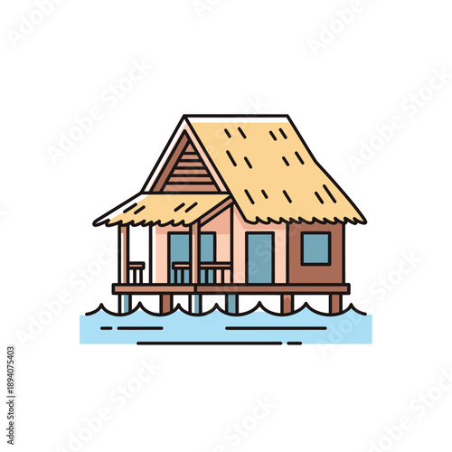 Tropical Overwater Bungalow Illustration on Stilts in Blue Water.