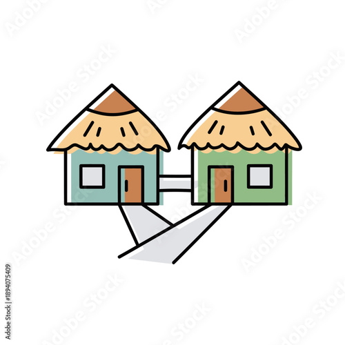 Two Colorful Huts with Thatched Roofs and a Path.