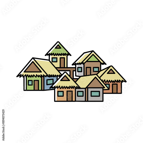 Colorful Cartoon Village of Small Huts with Thatched Roofs.