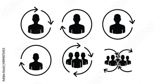Silhouette team collaboration and feedback process flow diagrams with directional arrows for communication and interaction analysis