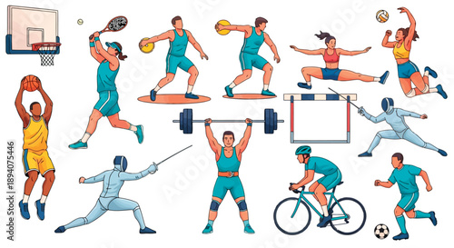 Dynamic flat design illustration of athletes in action across multiple sports including basketball tennis volleyball weightlifting and soccer