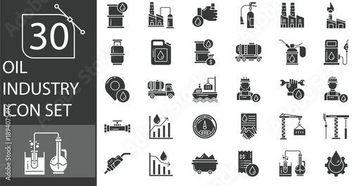 30 Oil Industry Icons Set – Petroleum Extraction, Drilling Rigs, Refinery Processing, Pipeline Transport, Fuel Production, Offshore Platforms, Energy Infrastructure and Industrial Oil Operations 