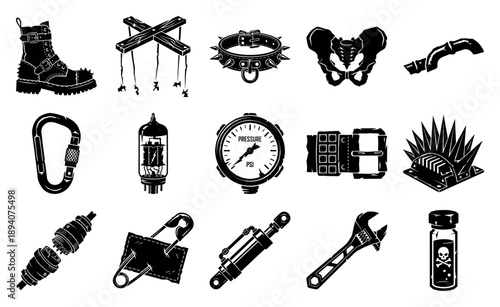 Grungy Linocut Industrial Hardware and Edgy Subculture Elements Asset Sheet for Punk and Industrial Graphic Design