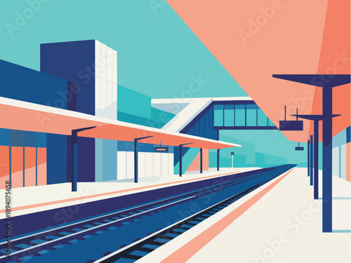 Modern Railway Train Station Platform and Tracks Flat Design Illustration