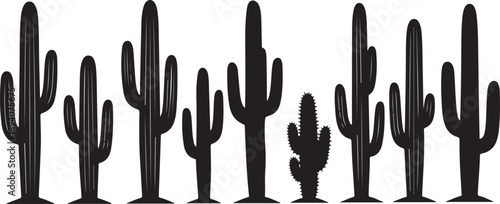 Silhouettes of various cacti in a desert landscape Vector