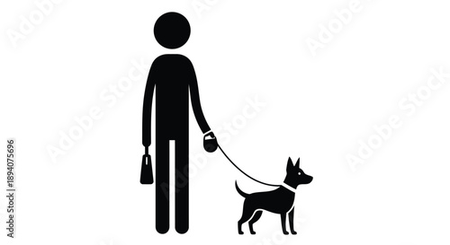 Silhouette of person walking a dog while carrying shopping bags during an evening stroll in minimalist style