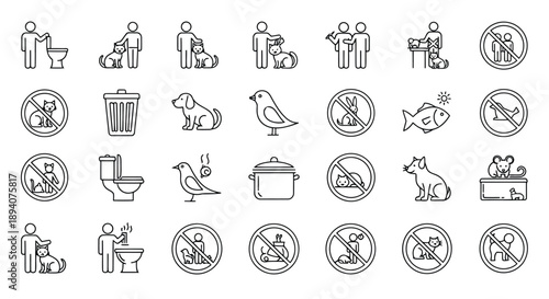 Set of minimalist vector icons illustrating daily routines, pets, animals, household objects, and forbidden actions in clean line art style