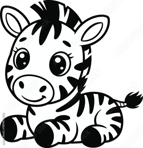 Cute baby zebra cartoon illustration, black and white vector animal, kids nursery design, adorable safari wildlife character, coloring book style