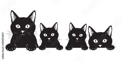Four black cats in a line, each with distinct expressions Vector