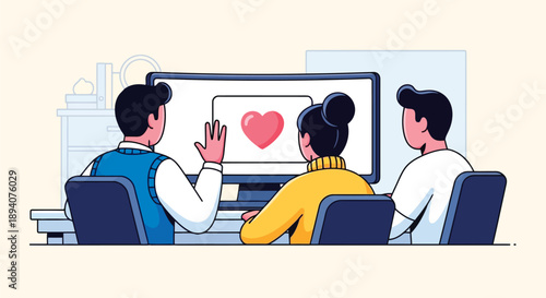 Diverse team of cartoon professionals engaging in a positive virtual interaction with a heart symbol on screen in an office setting