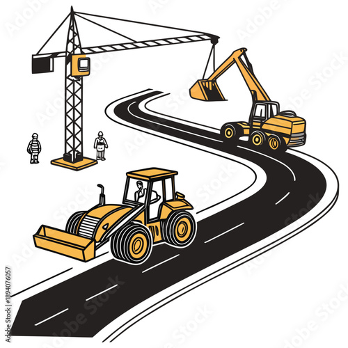 Road Construction Scene with Heavy Machinery on White Background