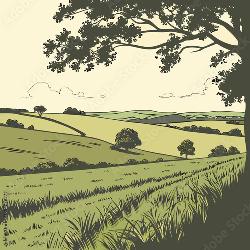 Summer Grazing Land Outline Minimalist Rural Landscape