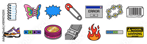Flat Vector Y2K Aesthetic Sticker Element Kit for Retro Millennial Digital Design