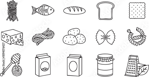 Various food items and kitchen tools illustration on transparent background