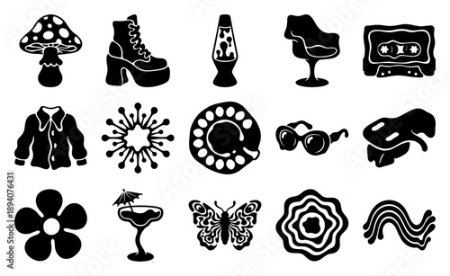 Retro Groovy 1970s Psychedelic Graphic Element Kit for Nostalgic Y2K and Indie Aesthetic Designs