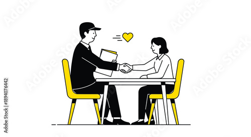 Business colleagues sealing a deal with a handshake and mutual trust symbolized by a heart in a corporate office environment