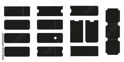 Set of blank ticket templates in various shapes and sizes. Editable vector design with perforation lines, isolated on white background.