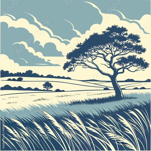 Wide Open Meadow Landscape with Dominant Blue Sky